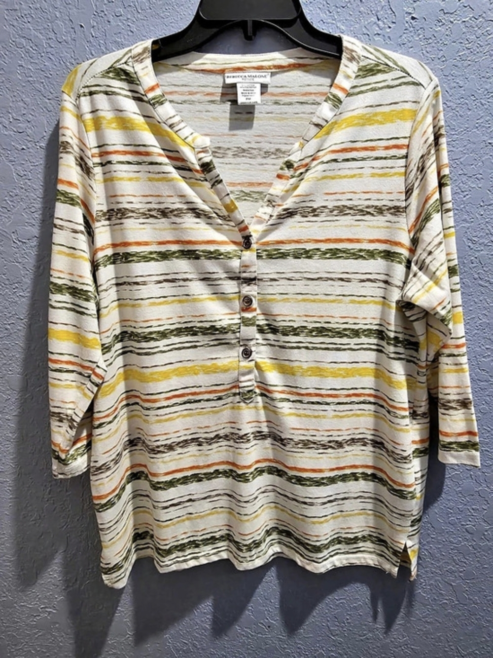 Rebecca Malone Striped Top in White & Green Petite PM Like New